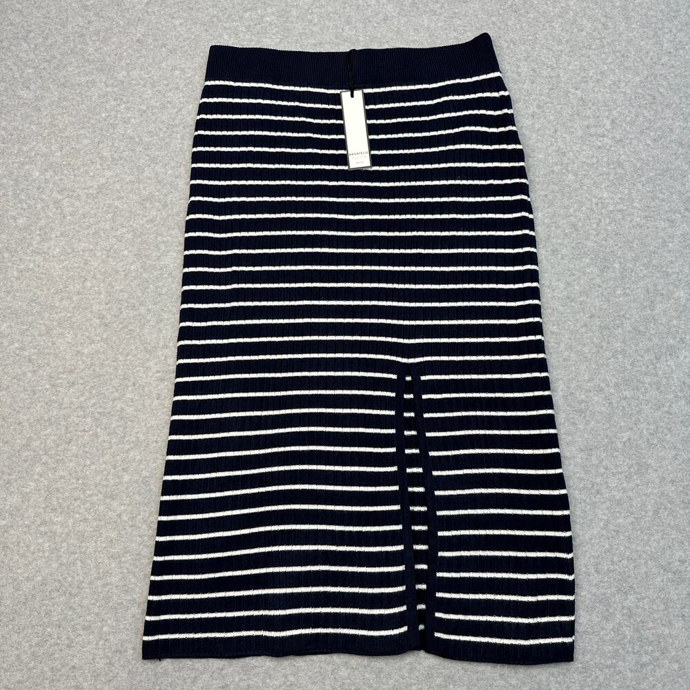 Bagatelle Collection Midi Skirt WMNS L Navy White Striped Ribbed Knit Stretchy